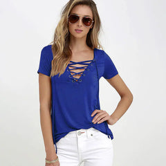 V-Neck Solid Color Tie T-Shirt Top