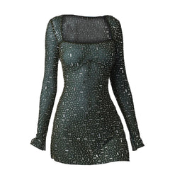 Sequin Rhinestone Sheer Long Sleeve Dress