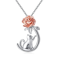 Cat Necklace Silver Rose Flower