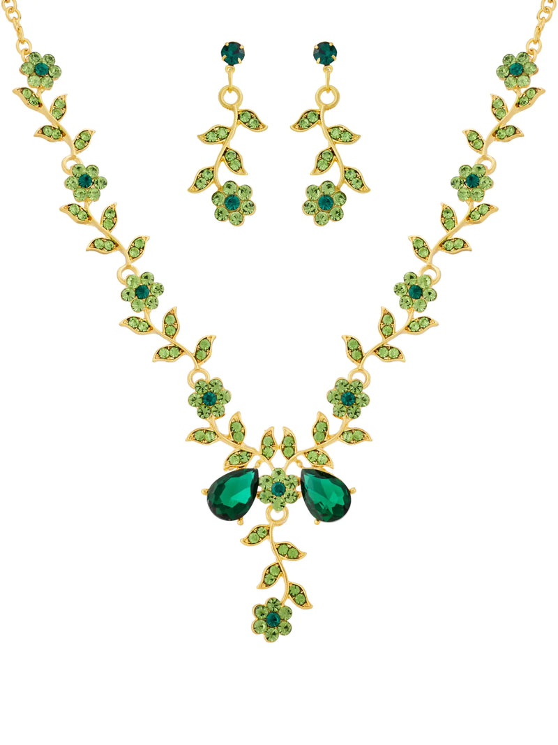 Vintage Sacina Green Jewelry Set Flower Leaf Rhinestone Necklace and Earrings
