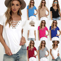 V-Neck Solid Color Tie T-Shirt Top