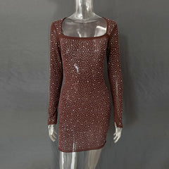 Sequin Rhinestone Sheer Long Sleeve Dress