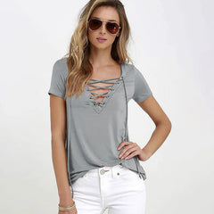 V-Neck Solid Color Tie T-Shirt Top