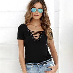 V-Neck Solid Color Tie T-Shirt Top