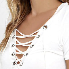 V-Neck Solid Color Tie T-Shirt Top