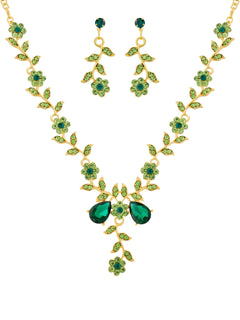 Vintage Sacina Green Jewelry Set Flower Leaf Rhinestone Necklace and Earrings