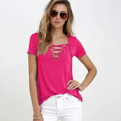 V-Neck Solid Color Tie T-Shirt Top