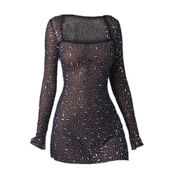 Sequin Rhinestone Sheer Long Sleeve Dress