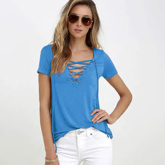 V-Neck Solid Color Tie T-Shirt Top