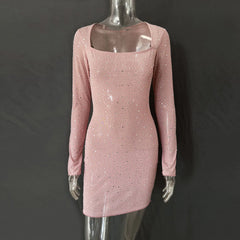Sequin Rhinestone Sheer Long Sleeve Dress