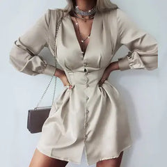 Autumn New Solid Color V-Neck Dress