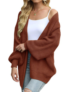 V-Neck Lantern Sleeve Knit Cardigan