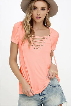 V-Neck Solid Color Tie T-Shirt Top