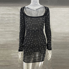 Sequin Rhinestone Sheer Long Sleeve Dress