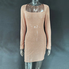 Sequin Rhinestone Sheer Long Sleeve Dress