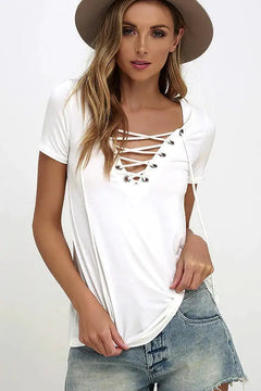 V-Neck Solid Color Tie T-Shirt Top