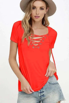 V-Neck Solid Color Tie T-Shirt Top